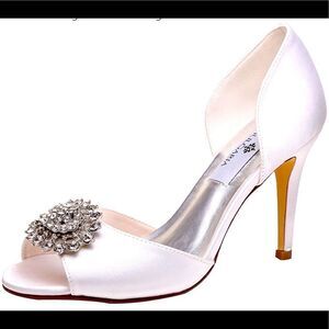 Satin Rhinestone D’Orsay Ivory Bridal Wedding Peep Toe Heels Mulgaria 8.5